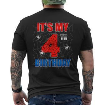 Spider Web Four 4 Years Old It's My 4Th Birthday Boy Party Men's T-shirt Back Print - Seseable