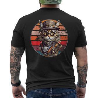 Steampunk Cat Retro Sunset Glasses Hat And Watches T-Shirt mit Rückendruck - Seseable