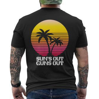 Suns Out Guns Out Retro 80S Beach Scene Palm Tree Sunset Men's T-shirt Back Print - Monsterry DE