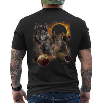 Three Wolf Solar Eclipse Moon Men's T-shirt Back Print - Monsterry