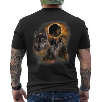 Three Wolves And Solar Eclipse Forest Wolf Animals Wild Men's T-shirt Back Print | Mazezy