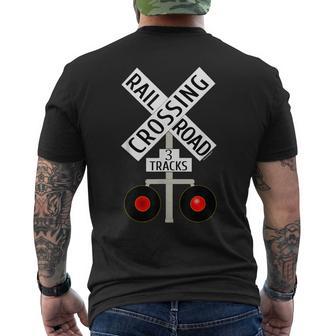 Train Railroad Crossing Lights 3 Tracks Road Sign Men's T-shirt Back Print - Monsterry