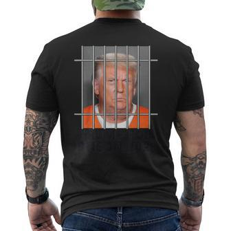 Trump Not Guilty Hot Orange Jumpsuit Parody Behind Bars Men's T-shirt Back Print - Seseable
