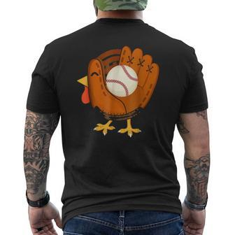 Turkey Baseball Glove Thanksgiving Day Catchers Boys Dads Mens Back Print T-shirt | Mazezy