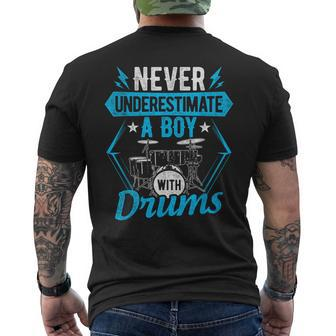 Never Underestimate A Boy With Drums Drumming Rock Band Men's T-shirt Back Print | Mazezy