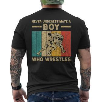 Never Underestimate A Boy Who Wrestles Vintage Wrestling Men's T-shirt Back Print | Mazezy