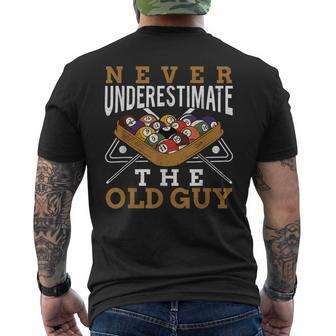 Never Underestimate The Old Guy Retro Pool Billiards Grandpa Men's T-shirt Back Print | Mazezy