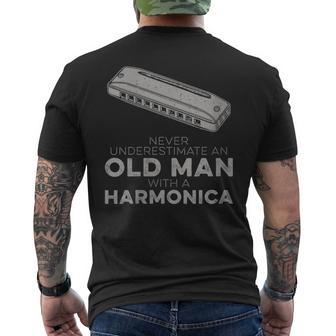 Never Underestimate An Old Man With Harmonica Humor Men's T-shirt Back Print - Monsterry CA