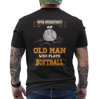 Never Underestimate An Old Man Who Plays Softball Men's T-shirt Back Print - Monsterry UK