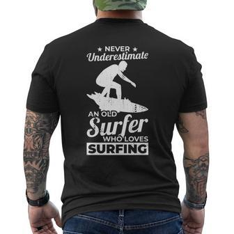 Never Underestimate An Old Surfer Surfing Grandpa Men's T-shirt Back Print | Mazezy