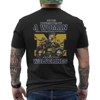 Never Underestimate A Woman Who Understands Football And Loves Wolverines Mens Back Print T-shirt - Thegiftio UK