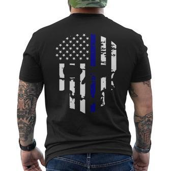 Usa Police Flag Skull Thin Blue Line Distressed Tee Mens Back Print T-shirt | Mazezy