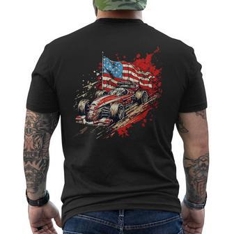 Vintage Auto Racing Car American Flag 4Th Of July Auto Race Men's T-shirt Back Print - Monsterry