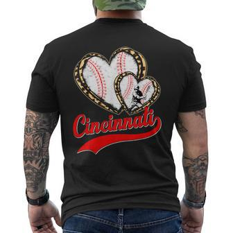 Vintage Cincinnati Baseball Leopard Heart Baseball Fans Men's T-shirt Back Print - Seseable