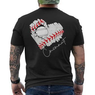 Vintage Cincinnati Cracked Heart Baseball I Love Cincinnati Men's T-shirt Back Print - Monsterry