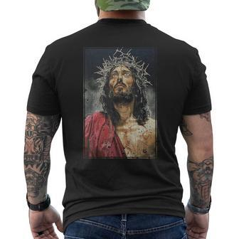 Vintage Face Of Jesus On A Cross With Crown Of Thorns Men's T-shirt Back Print | Mazezy
