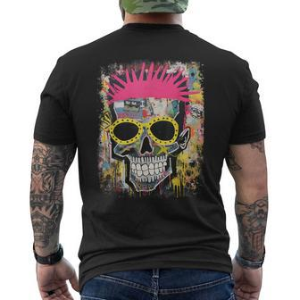 Vintage Graffiti Biker Rocker Skeleton Punk Horror Skull Men's T-shirt Back Print - Monsterry