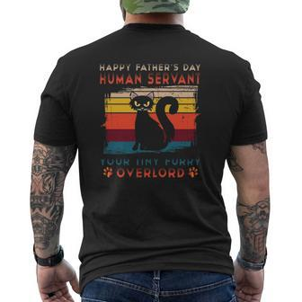 Vintage Happy Father's Day Human Servant Your Tiny Furry Overlord Black Cat Dad Mens Back Print T-shirt | Mazezy