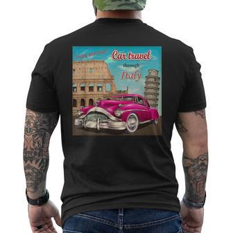 Vintage Italy Cars Travel Colosseum Leaning Tower Of Pisa Men's T-shirt Back Print - Monsterry
