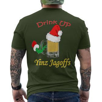 Drink Up Yinz Jagoffs Beer With Santa Hat Pittsburgh Theme Men's T-shirt Back Print - Monsterry UK