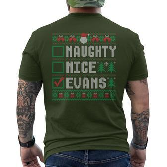 Evans Family Name Xmas Naughty Nice Evans Christmas List Men's T-shirt Back Print - Seseable