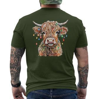 Fluffy Scottish Highland Cow With Xmas Lights Christmas Men's T-shirt Back Print | Mazezy