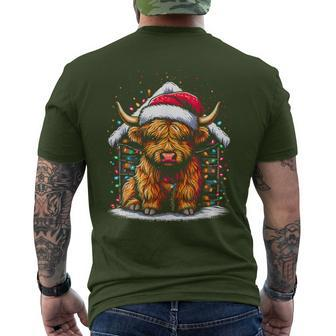 Highland Cow Santa Claus Hat Cute Xmas Cow Christmas Lover Men's T-shirt Back Print - Monsterry