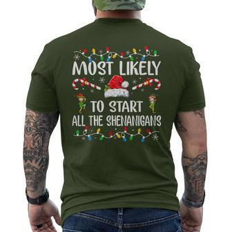 Most Likely To Start All The Shenanigans Family Xmas Holiday Men's T-shirt Back Print - Monsterry AU