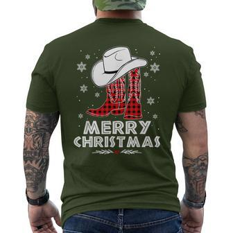 Merry Christmas Cowboy Boots Red Buffalo Plaid Western Men's T-shirt Back Print - Monsterry UK