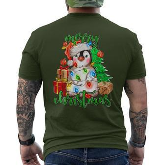 Merry Christmas Penguin Xmas Tree Lights Xmas Holiday Pajama Men's T-shirt Back Print - Seseable