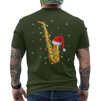 Saxophone Music Lover Xmas Lights Santa Saxophone Christmas Men's T-shirt Back Print | Mazezy