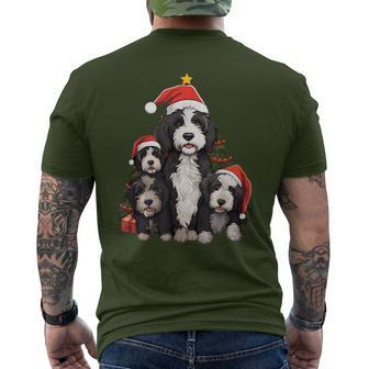 Xmas Sheepadoodle Dog Pile Up Christmas Tree Men's T-shirt Back Print | Mazezy