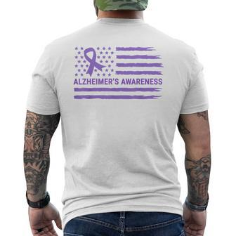 Alzheimer's Awareness Purple Ribbon American Flag Dementia Men's T-shirt Back Print - Monsterry AU