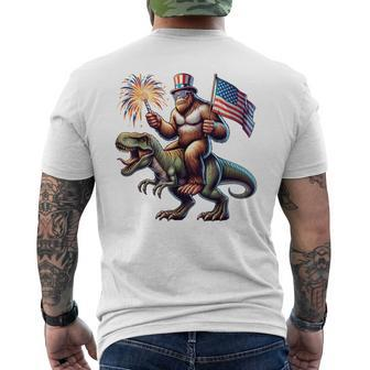 Bigfoot Sasquatch Riding Dinosaur T Rex 4Th Of July Men's T-shirt Back Print - Monsterry