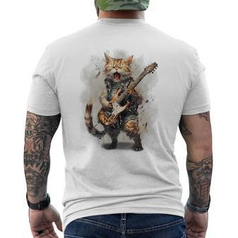 Cat Singing With Electric Guitar Vintage Men's T-shirt Back Print - Monsterry DE