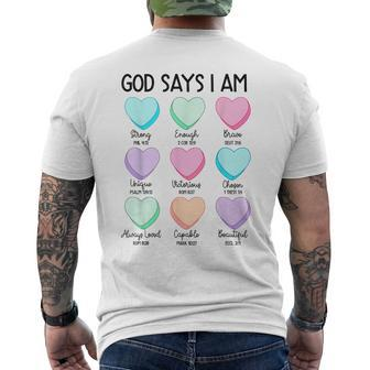 Christian Bible Verse God Says I Am Candy Heart Valentines Men's T-shirt Back Print - Seseable