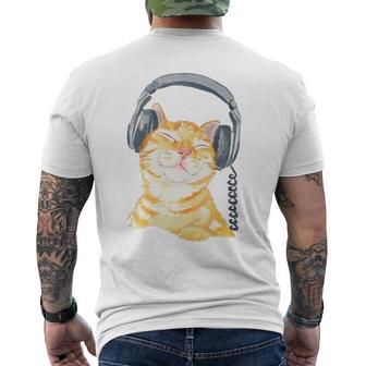 Cute Ginger Cat Grooving To Music Headphones Men's T-shirt Back Print - Monsterry UK