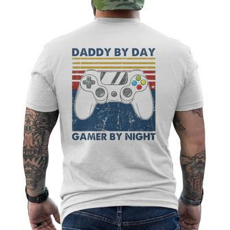 Daddy By Day Gamer By Night Dad Jokes Gaming Vintage Mens Back Print T-shirt | Mazezy