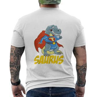Daddy Saurus T-Rex Superhero Dinosaur Fathers Day Dad Father Men's T-shirt Back Print - Monsterry