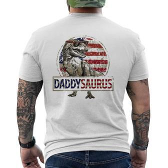 Daddysaurusrex Dinosaur American Flag Dad Father's Day Mens Back Print T-shirt | Mazezy
