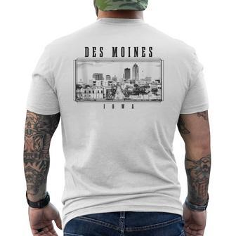 Des Moines Iowa Vintage Skyline Black & White Des Moines Men's T-shirt Back Print - Monsterry