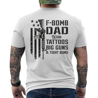 F Bomb Dad Tattoos Big Guns & Tight Buns Camo Gun Men's T-shirt Back Print - Monsterry