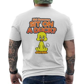 Father's Day Gag Item Sit On A Duck Fart Graphic Mens Back Print T-shirt | Mazezy