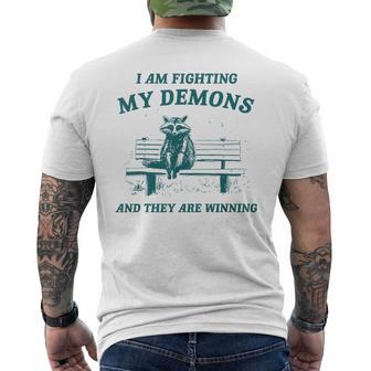 I Am Fighting My Demons Retro Cartoon Raccoon Meme Men's T-shirt Back Print - Monsterry DE