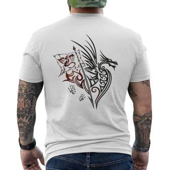 Fire Dragon With Wings Footprints And Flag Fantasy Men's T-shirt Back Print - Monsterry