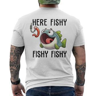 Here Fishy Fisherman Fishing Lover Cute Fish Worm Men's T-shirt Back Print - Seseable