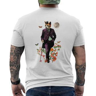 Cat With Flowers And Walking Stick And Moon Men's T-shirt Back Print - Monsterry AU