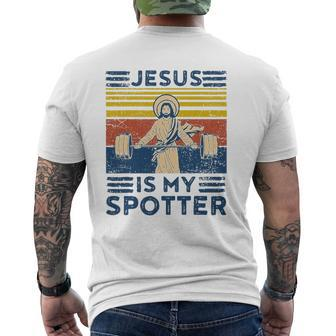Gym Jesus Is My Spotter Workout Jesus Mens Back Print T-shirt | Mazezy