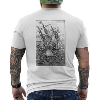 Giant Octopus Pirate Ship Vintage Kraken Sailing Squid Men's T-shirt Back Print - Monsterry
