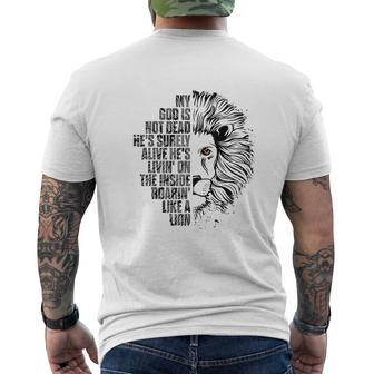 God Is Not Dead Hes Alive Roaring Like Lion Christian Faith Mens Back Print T-shirt - Thegiftio UK
